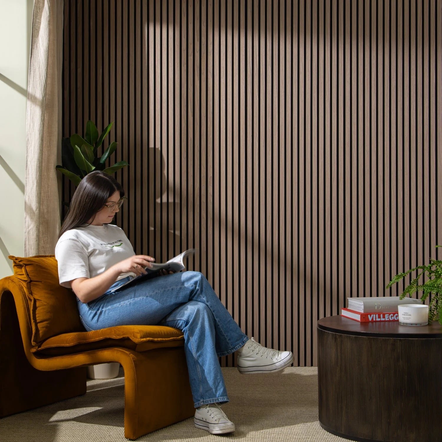 Walnut slatted wall panels in living room