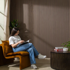 Walnut slatted wall panels in living room