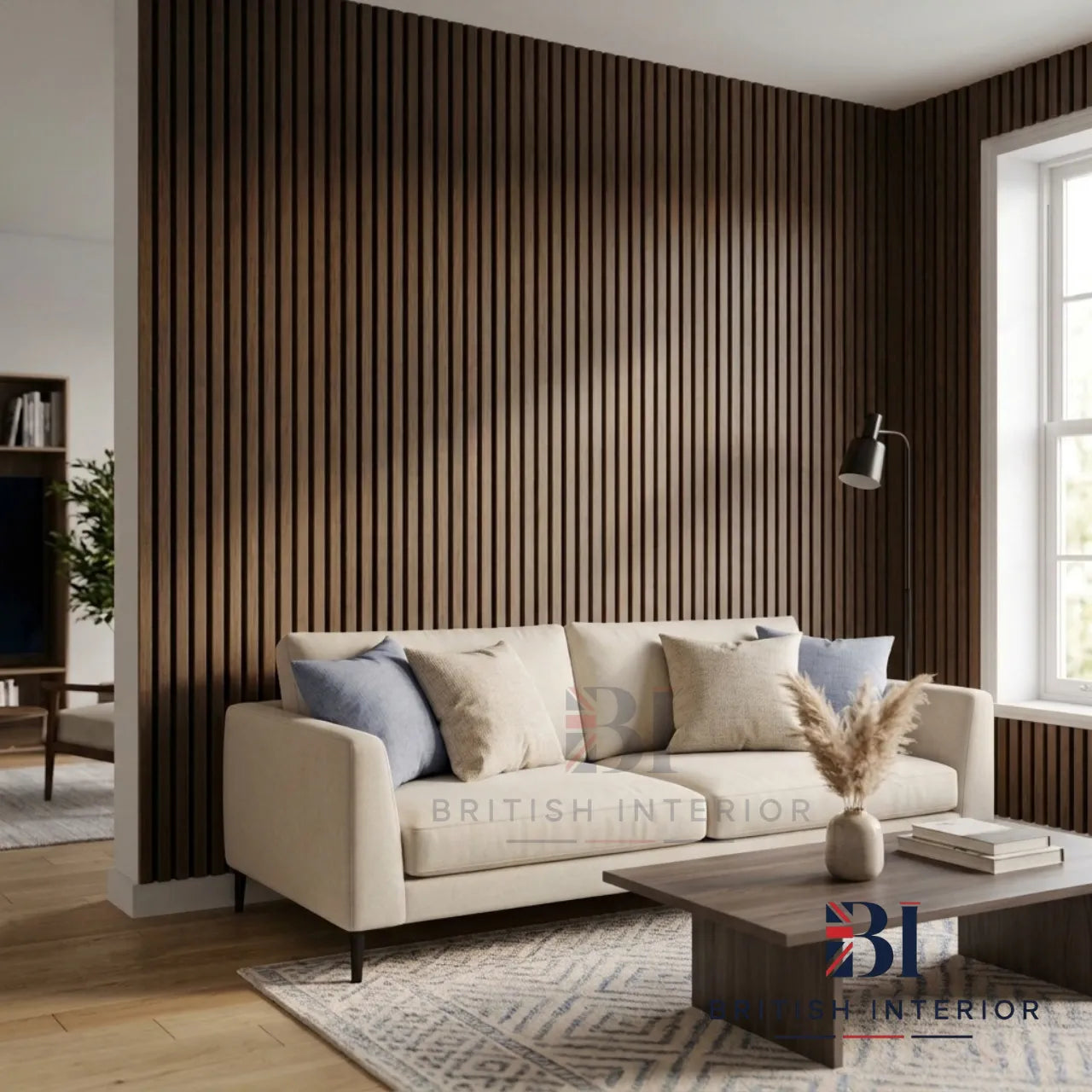 Walnut acoustic wall panel in a living room