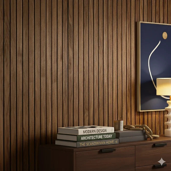 Walnut 3-sided wood veneer wide slat acoustic wall panel