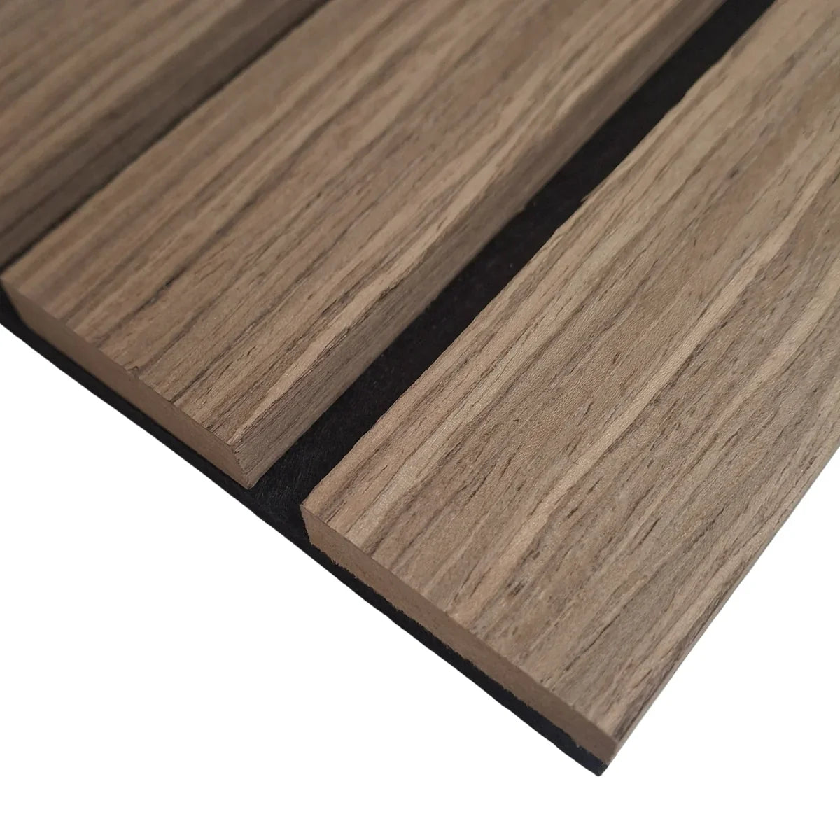 Walnut wide slat 3-sided wood veneer acoustic wall panel close-up