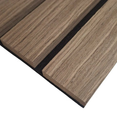 Walnut wide slat 3-sided wood veneer acoustic wall panel close-up
