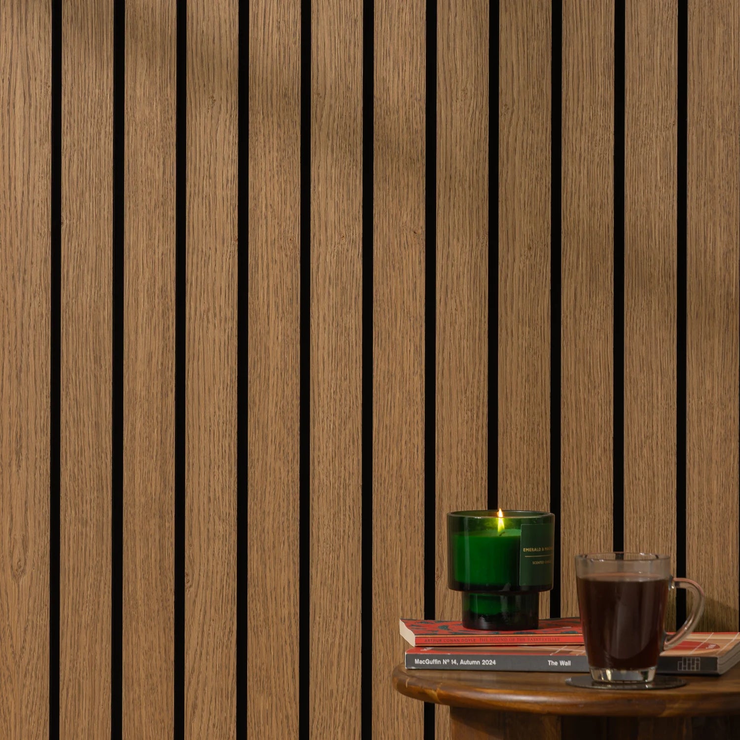 Walnut wide slat acoustic wall panels in a commercial interior