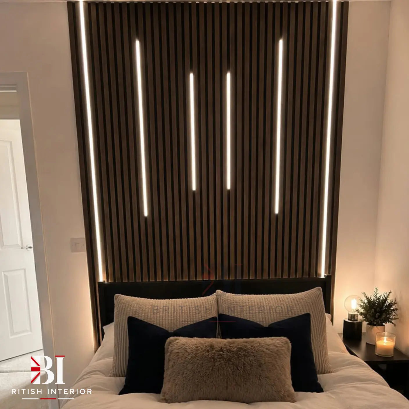 Vertical walnut wood slats creating a modern decorative wall