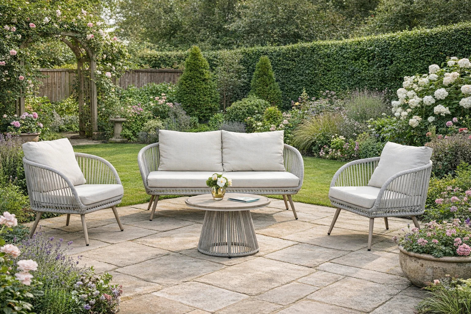 Comfortable 4 seater patio lounge set with soft seat cushions and low-maintenance construction