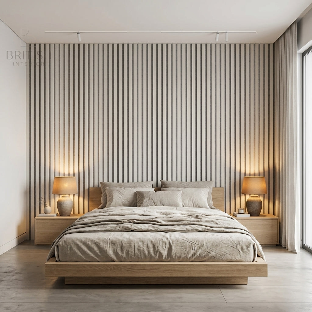 White acoustic slat feature wall in a minimalist interior