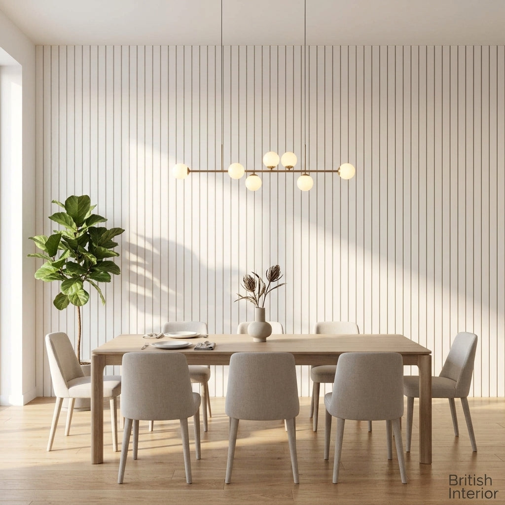 white acoustic slat panels adding texture and sound comfort to a contemporary room