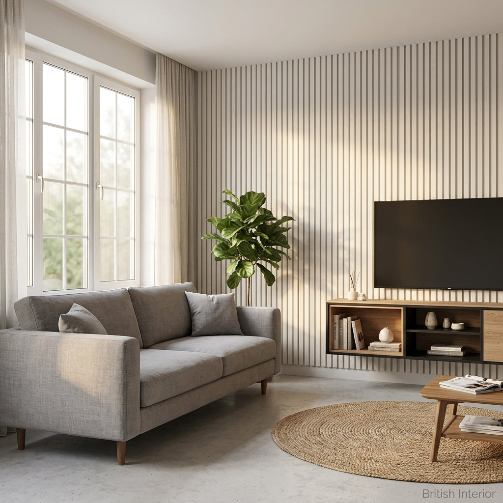 White acoustic slat panel used as a modern TV feature wall
