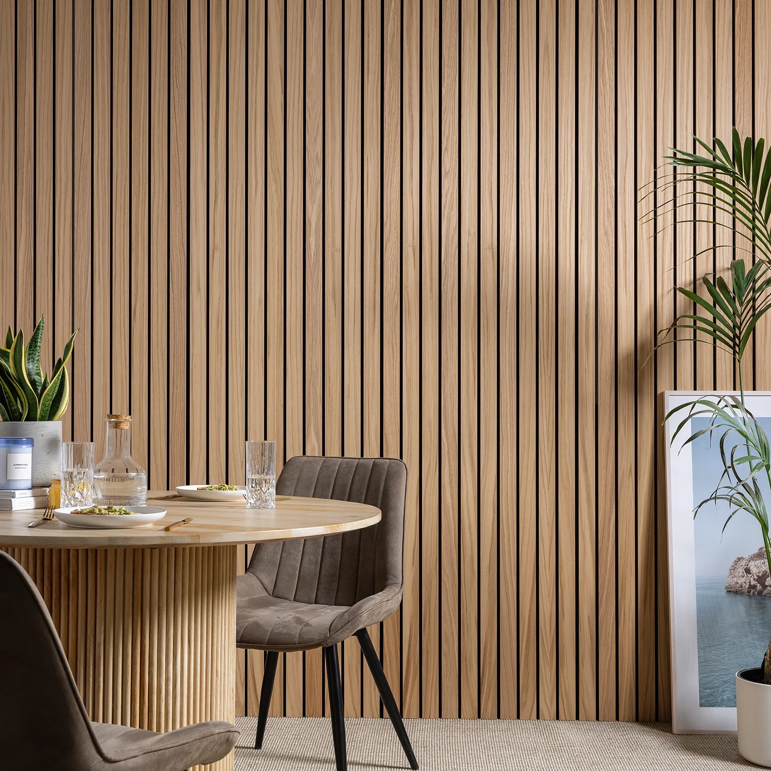 Premium Oak wide slat acoustic wall panels in a modern living room