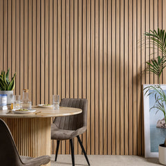 Premium Oak wide slat acoustic wall panels in a modern living room